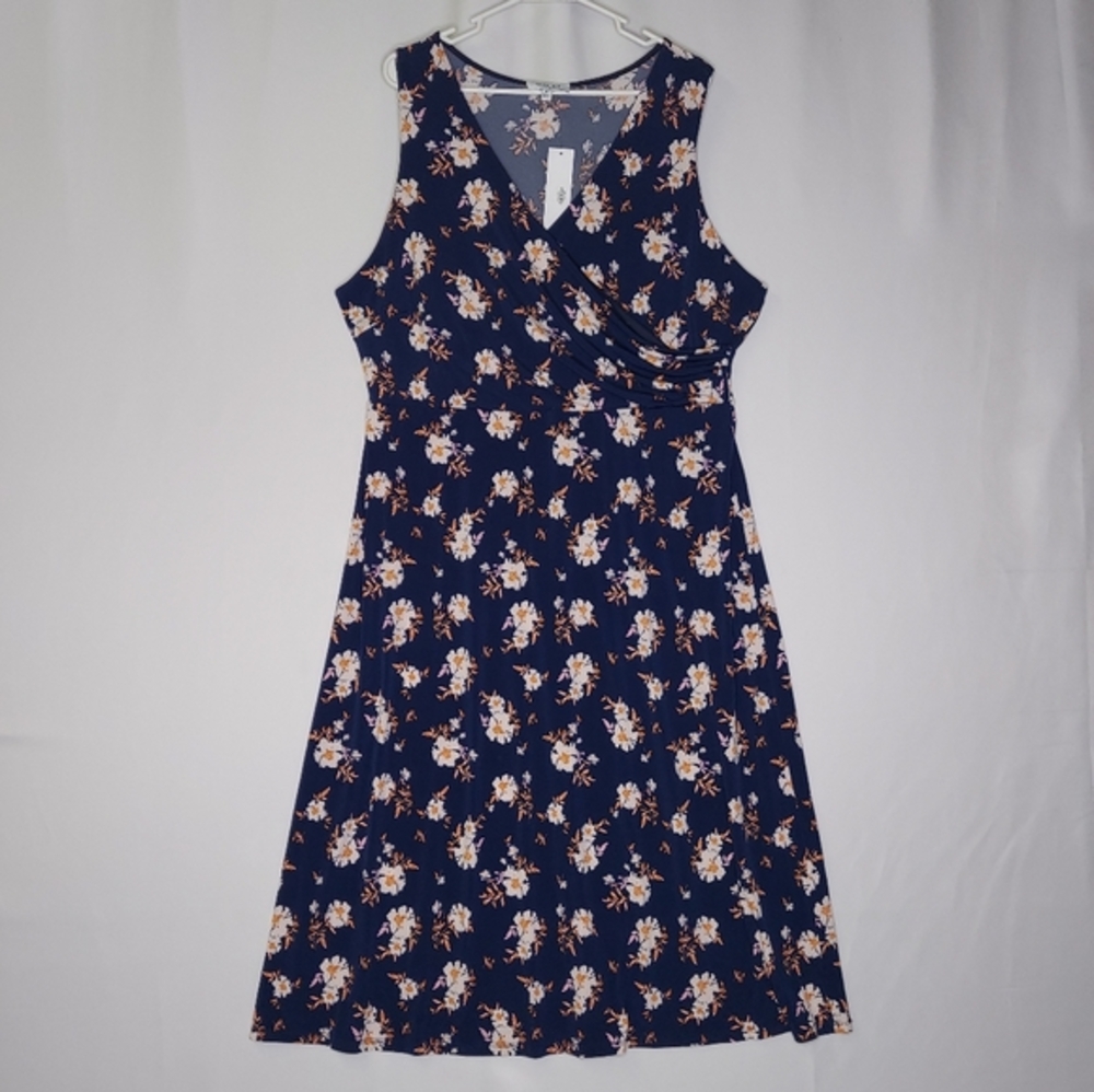 Gilli Sleeveless‎ Dress 3X Blue Floral Stretch Faux Surplice Wrap V-Neck Midi